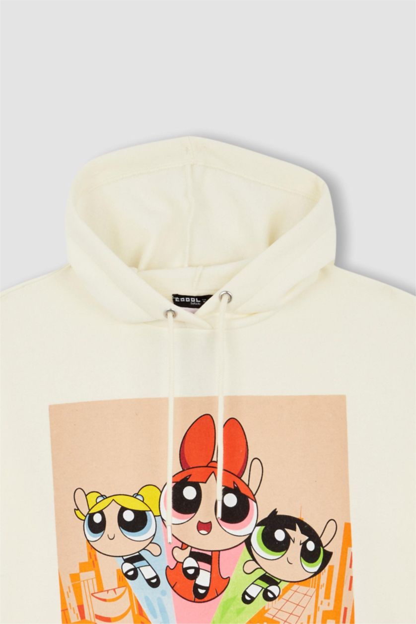 Kadın Bej Coool PowerPuff Girls Oversize Fit Kapüşonlu Sweatshirt
