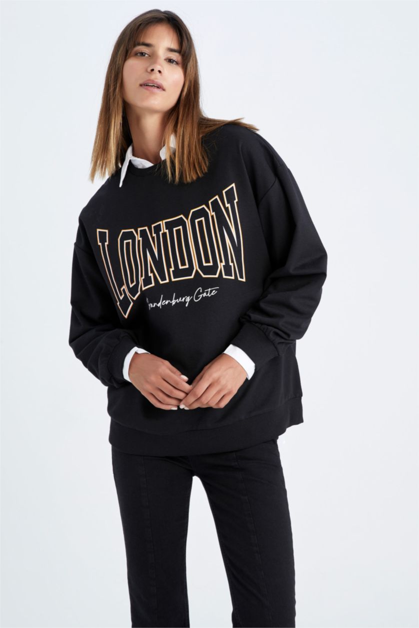 Woman Black Oversize Fit Thin Sweatshirt Fabric Sweatshirt