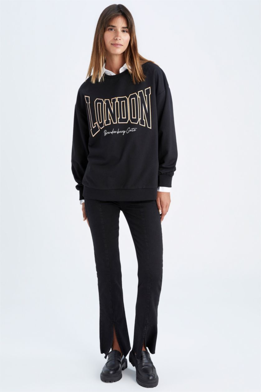 Woman Black Oversize Fit Thin Sweatshirt Fabric Sweatshirt