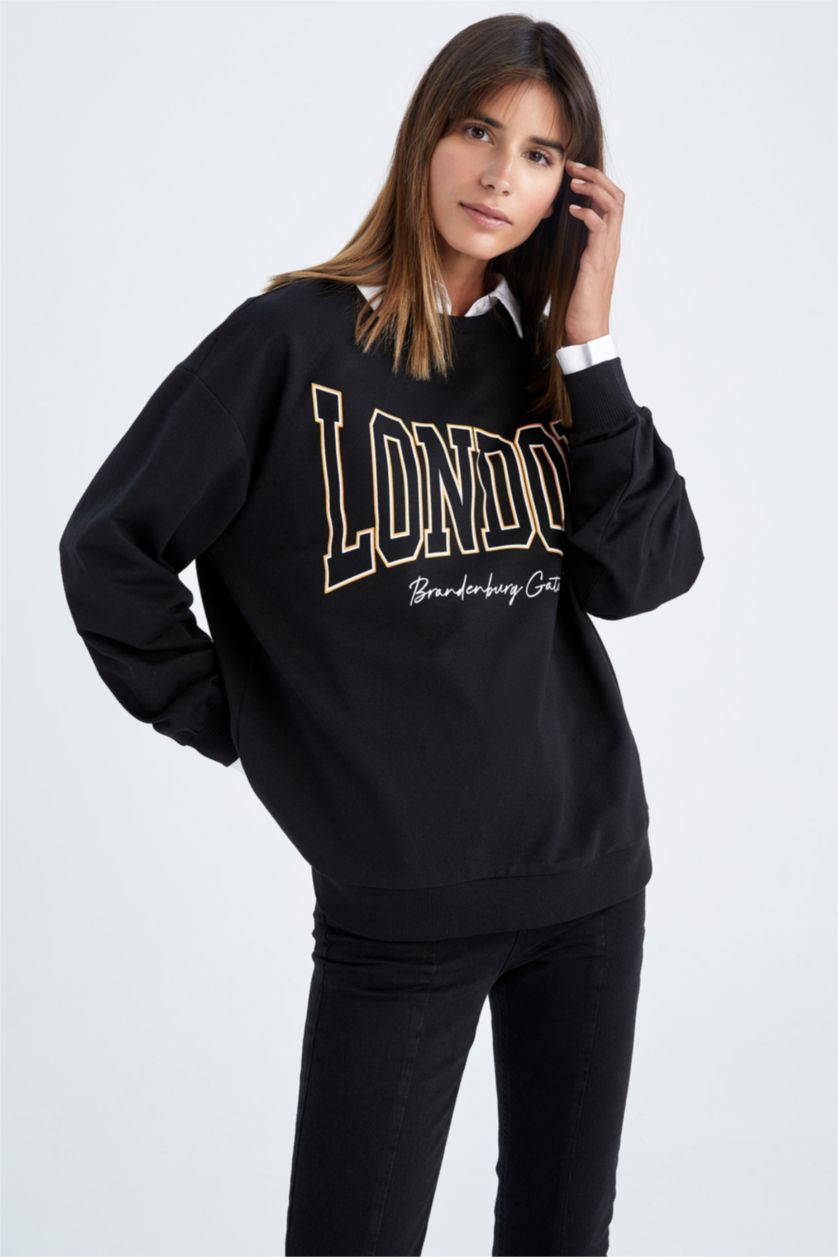 Woman Black Oversize Fit Thin Sweatshirt Fabric Sweatshirt
