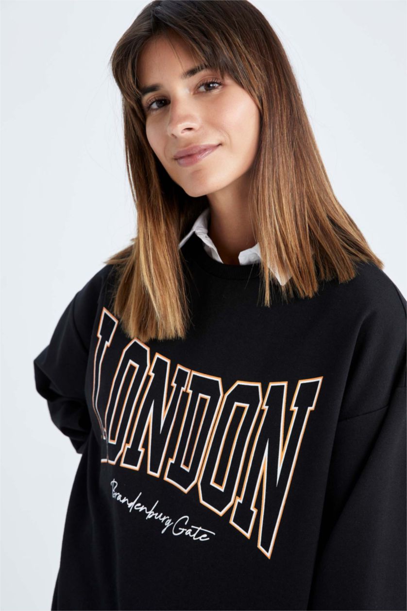 Woman Black Oversize Fit Thin Sweatshirt Fabric Sweatshirt