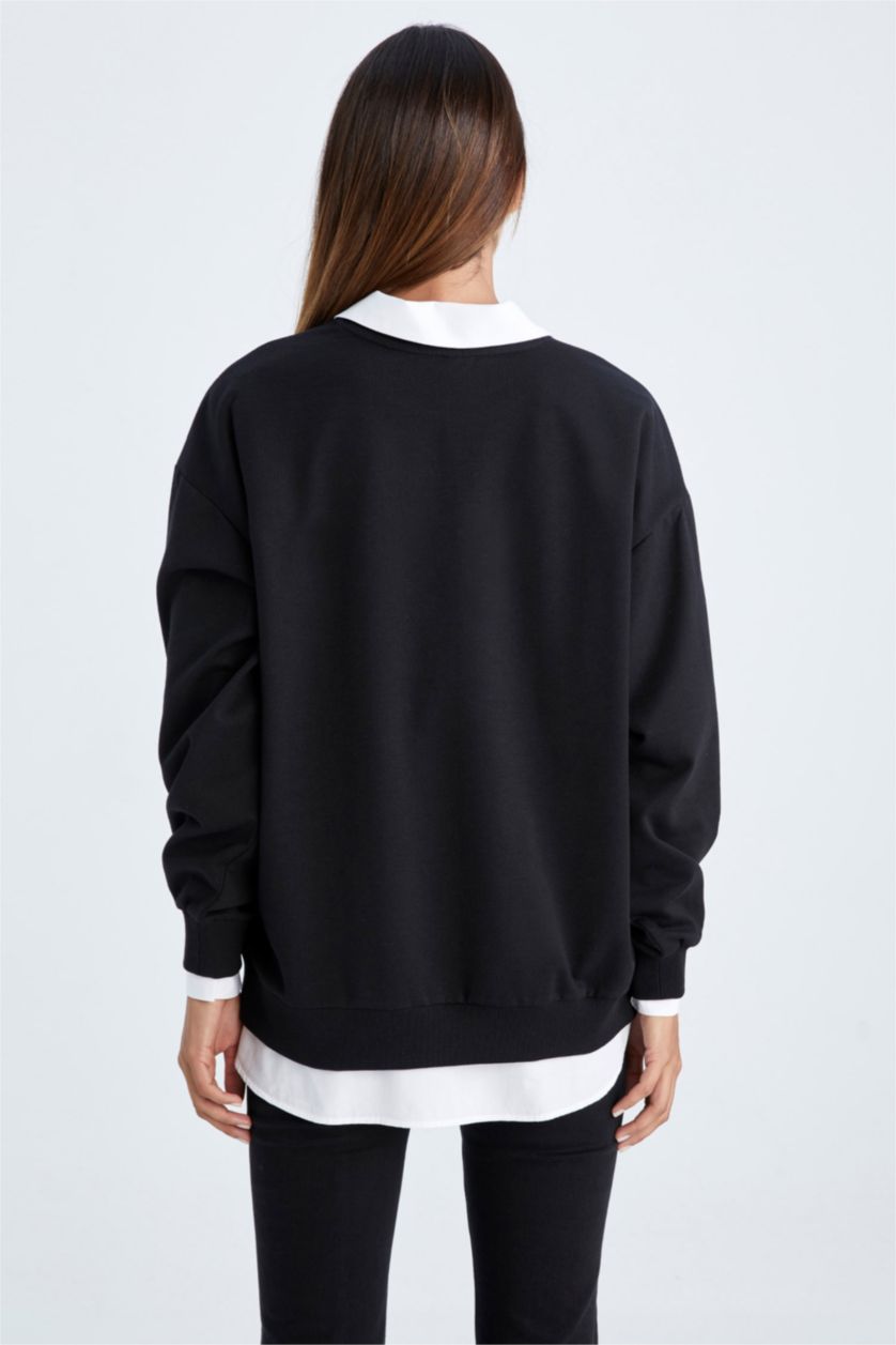 Woman Black Oversize Fit Thin Sweatshirt Fabric Sweatshirt
