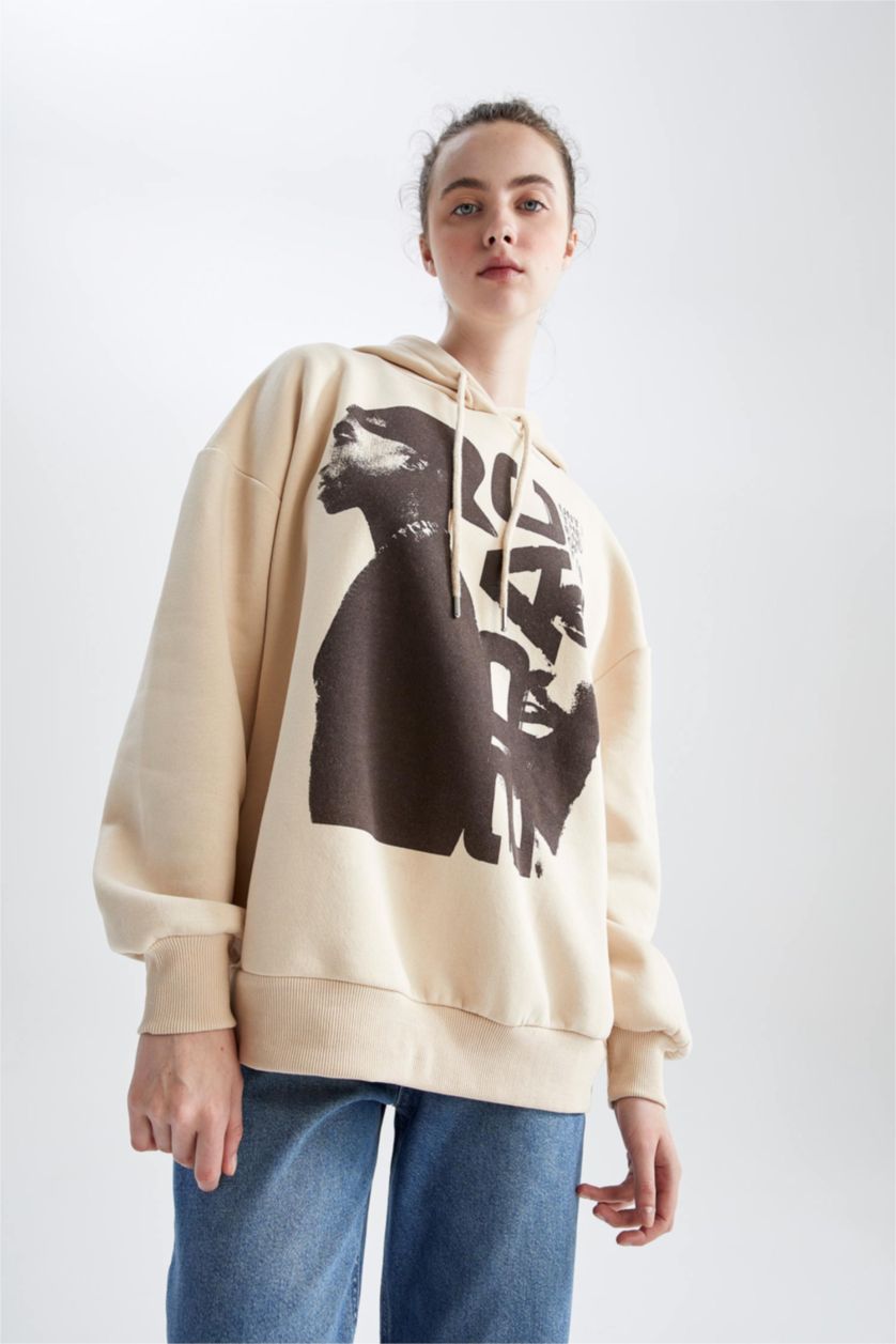 FEMME Beige Sweat-Shirt Large À Capuche