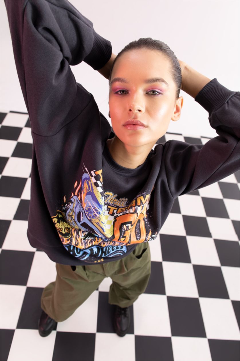 نساء أنثرا سويت شيرت مطبوع اوفر سايز بياقة مستديرة