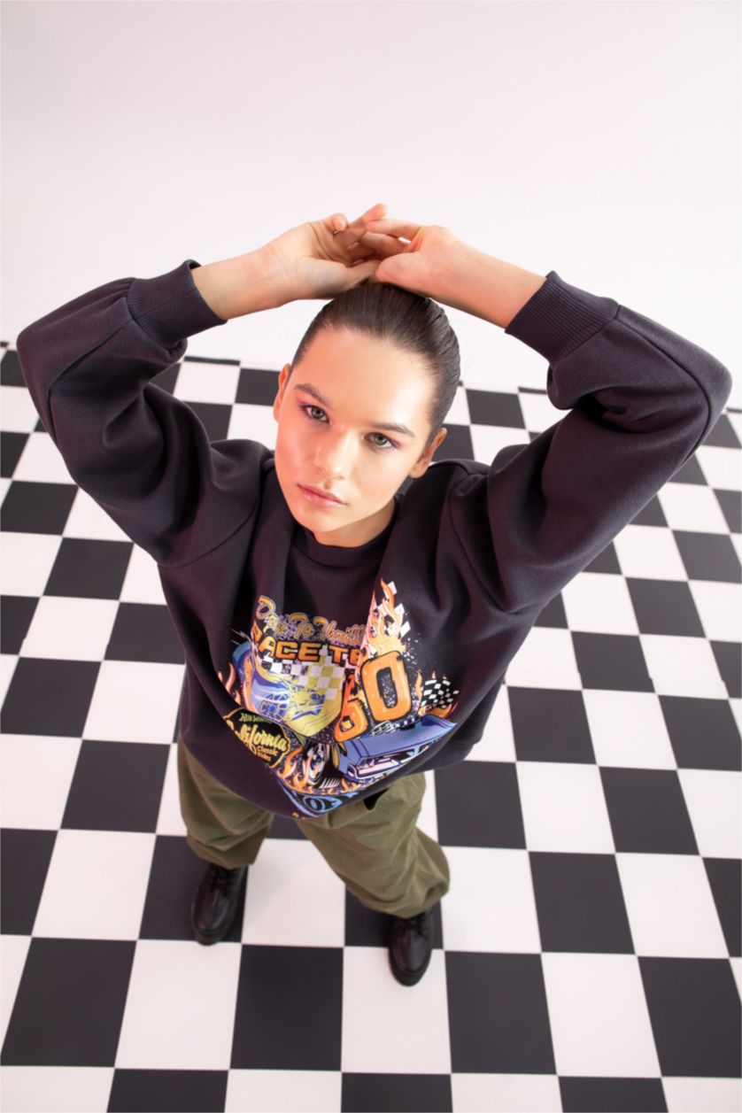 نساء أنثرا سويت شيرت مطبوع اوفر سايز بياقة مستديرة