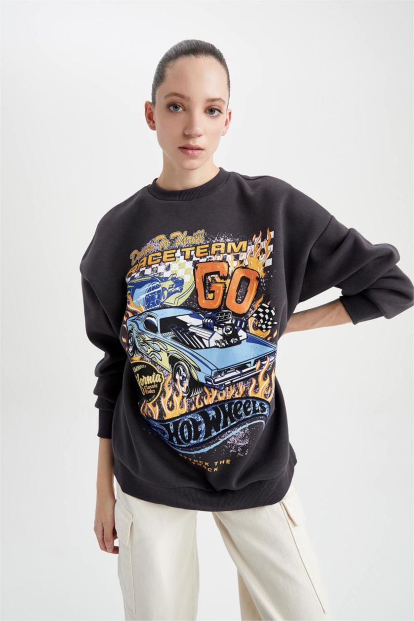 نساء أنثرا سويت شيرت مطبوع اوفر سايز بياقة مستديرة