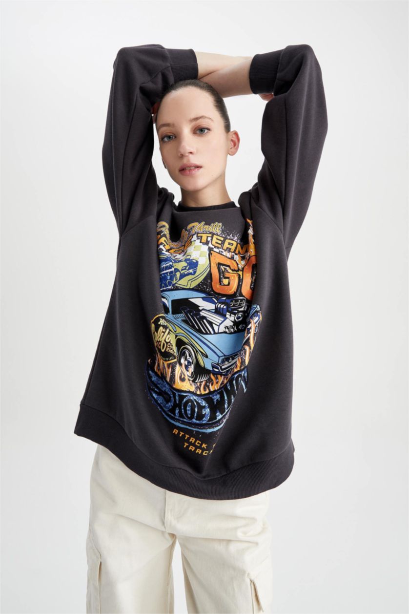 نساء أنثرا سويت شيرت مطبوع اوفر سايز بياقة مستديرة