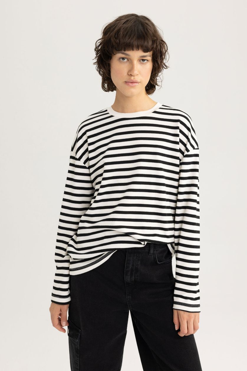 WOMAN Black Regular Fit Crew Neck Striped Cotton T-Shirt