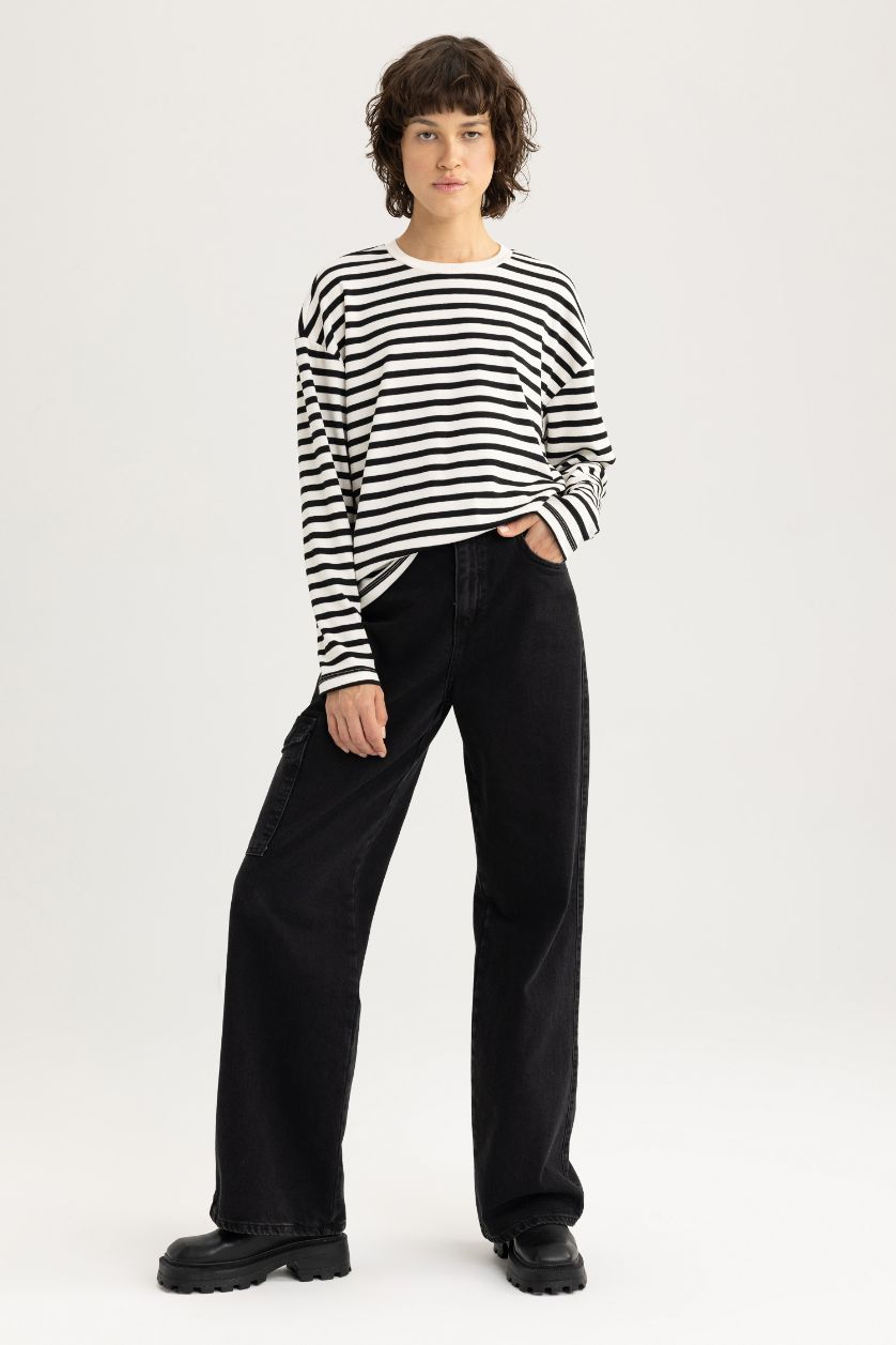 WOMAN Black Regular Fit Crew Neck Striped Cotton T-Shirt