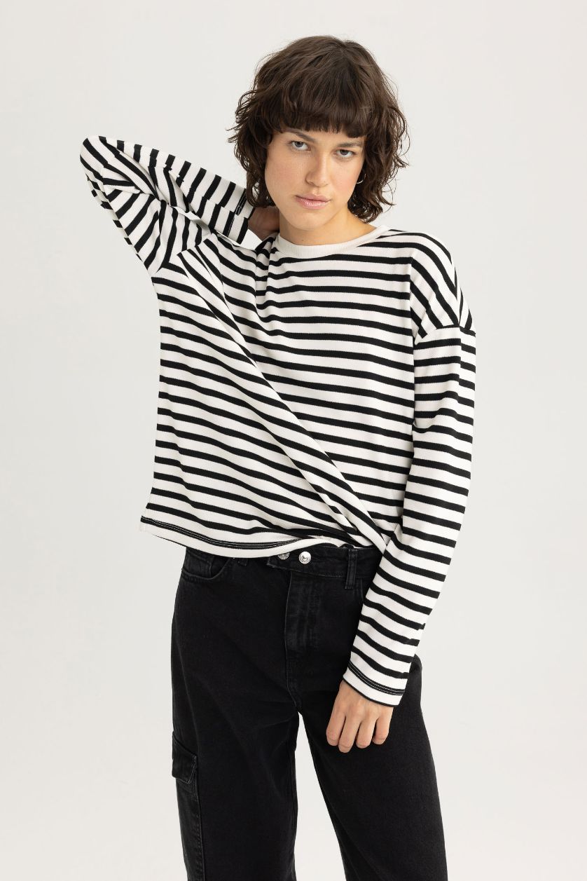 WOMAN Black Regular Fit Crew Neck Striped Cotton T-Shirt