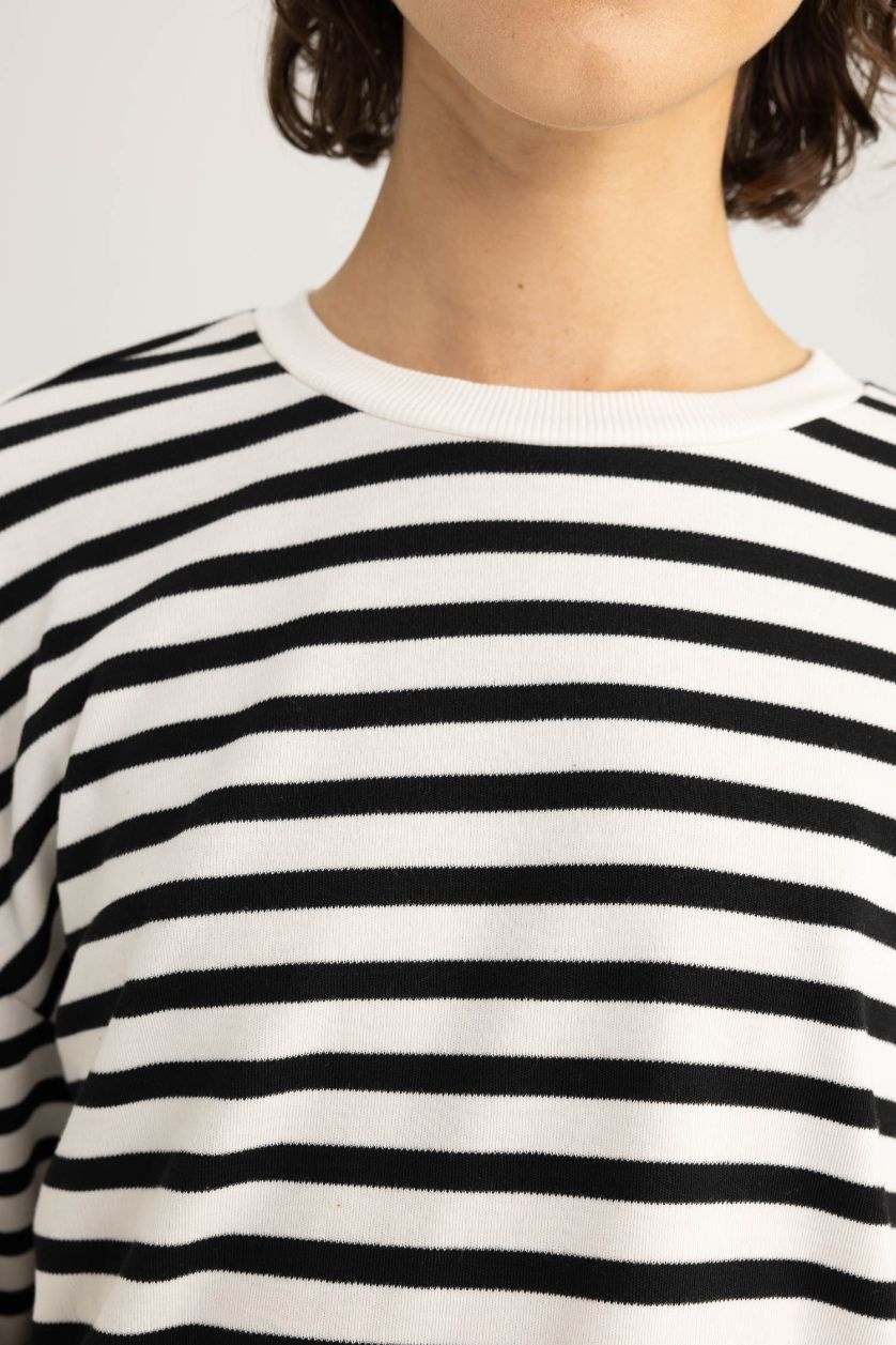 WOMAN Black Regular Fit Crew Neck Striped Cotton T-Shirt
