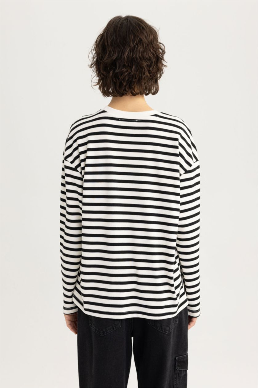 WOMAN Black Regular Fit Crew Neck Striped Cotton T-Shirt