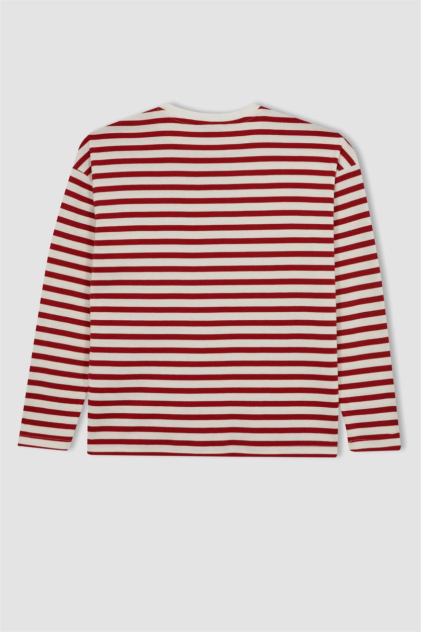 حريمي أحمر تي شيرت مخطط كم طويل قصة عادية برقبة مستديرة