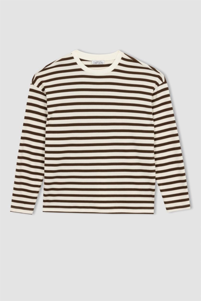 نساء بني تي شيرت كم طويل قصة عادية بياقة مستديرة