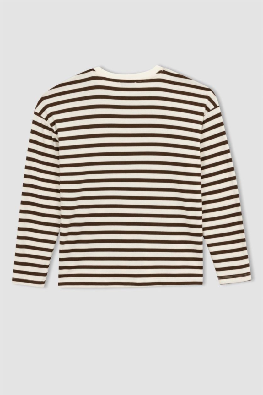 نساء بني تي شيرت كم طويل قصة عادية بياقة مستديرة