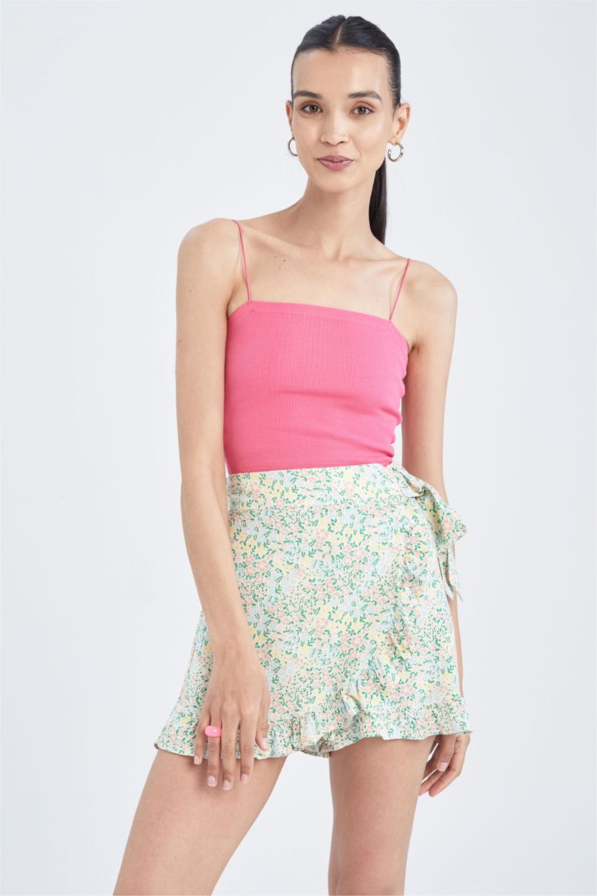 Woman Light Mint Floral Patterned Mini Short Skirt