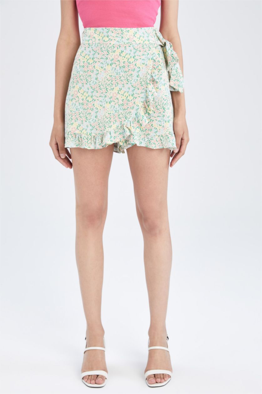 Woman Light Mint Floral Patterned Mini Short Skirt