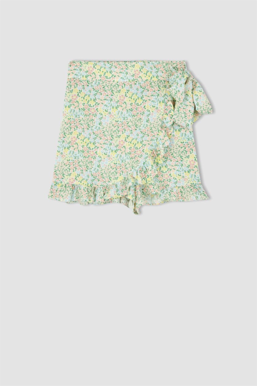 Woman Light Mint Floral Patterned Mini Short Skirt
