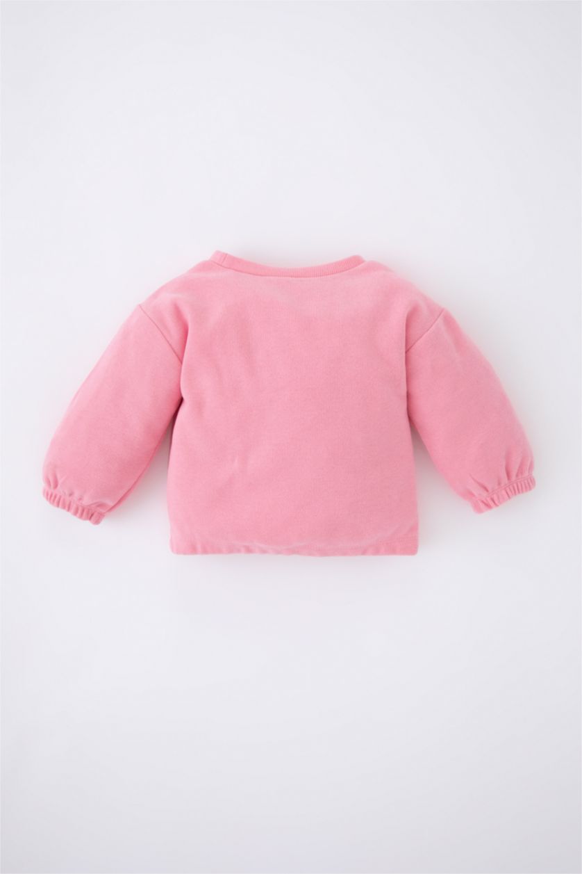 Kız Bebek Pembe Regular Fıt Bisiklet Yaka Slogan Baskılı Selanik Kumaş Sweatshirt Kız Bebek