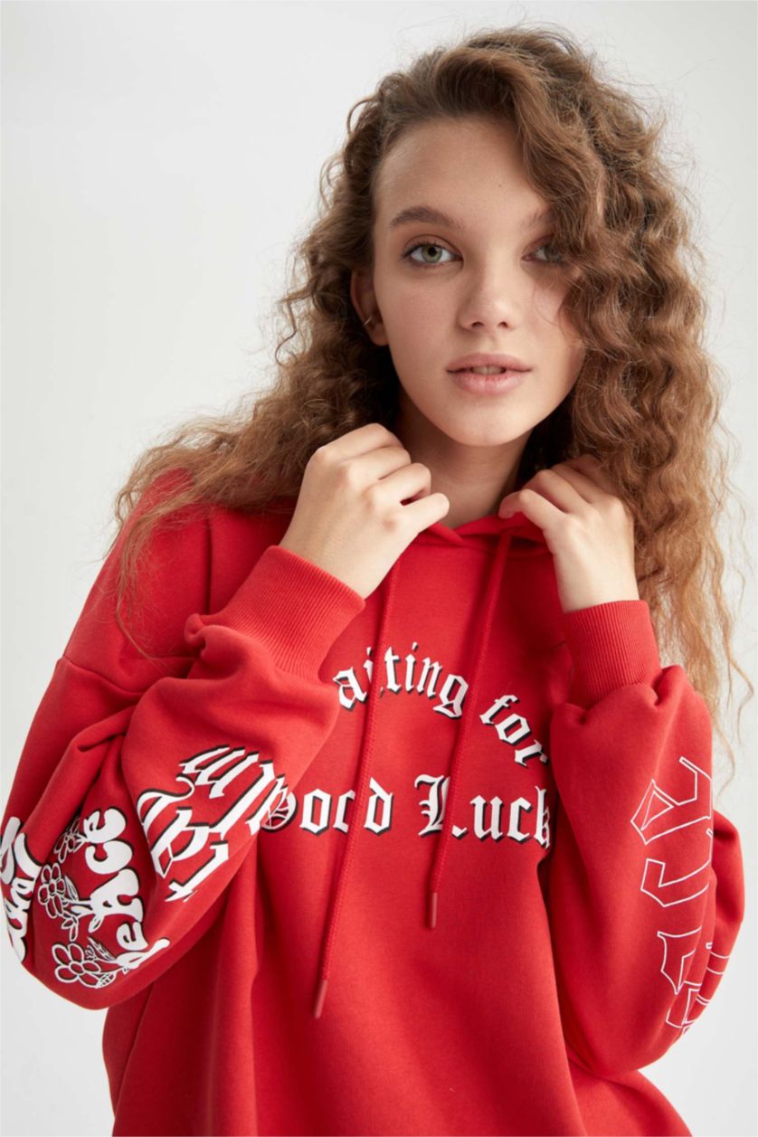 نساء أحمر سويت شيرت اوفر سايز  بغطاء للرأس