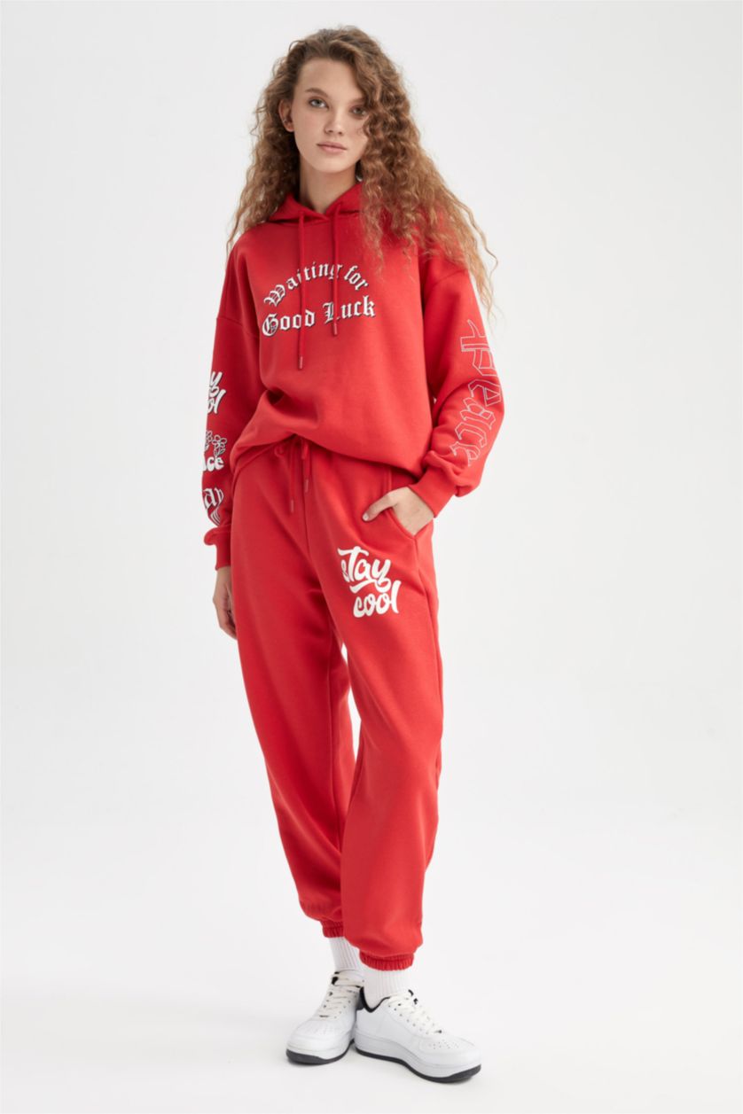 نساء أحمر سويت شيرت اوفر سايز  بغطاء للرأس