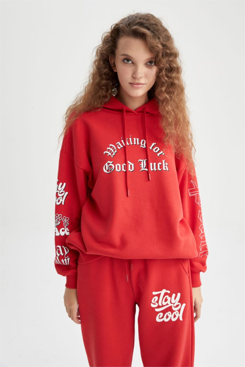 نساء أحمر سويت شيرت اوفر سايز  بغطاء للرأس