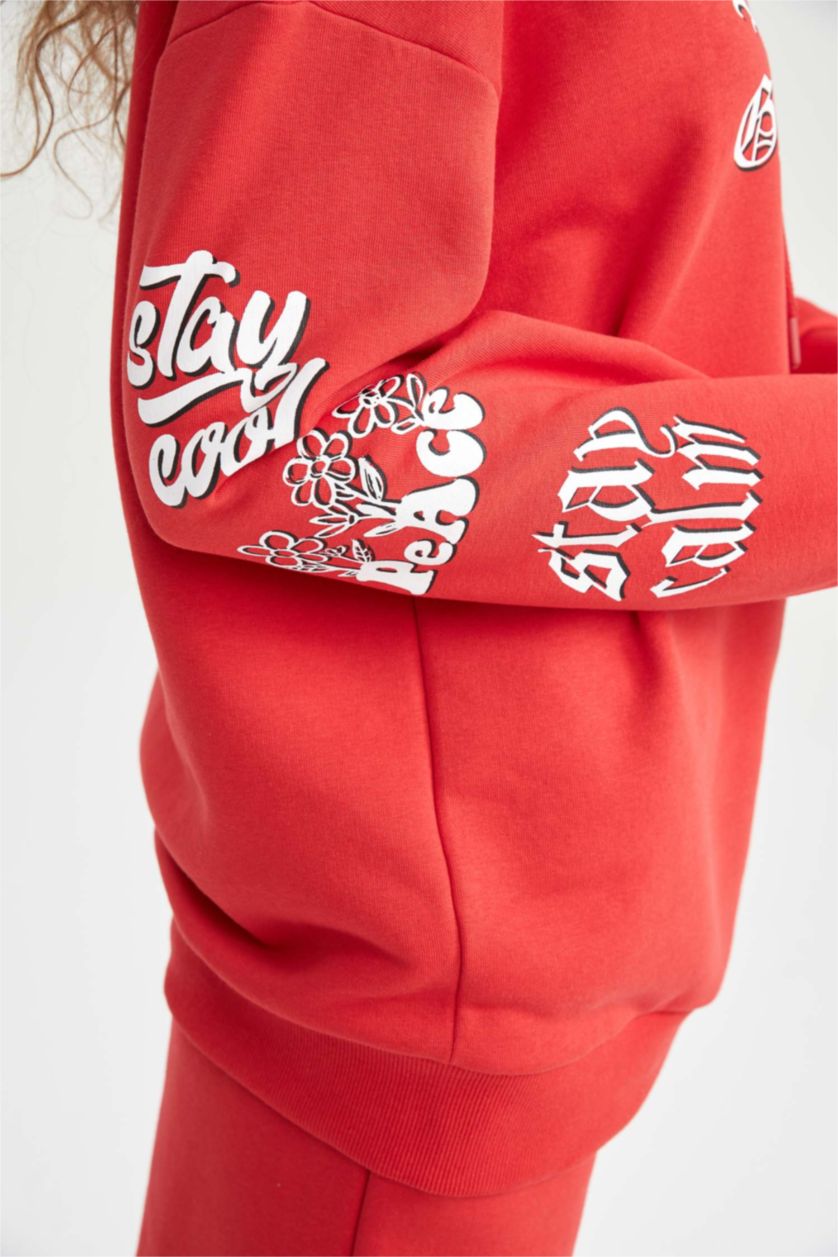 نساء أحمر سويت شيرت اوفر سايز  بغطاء للرأس