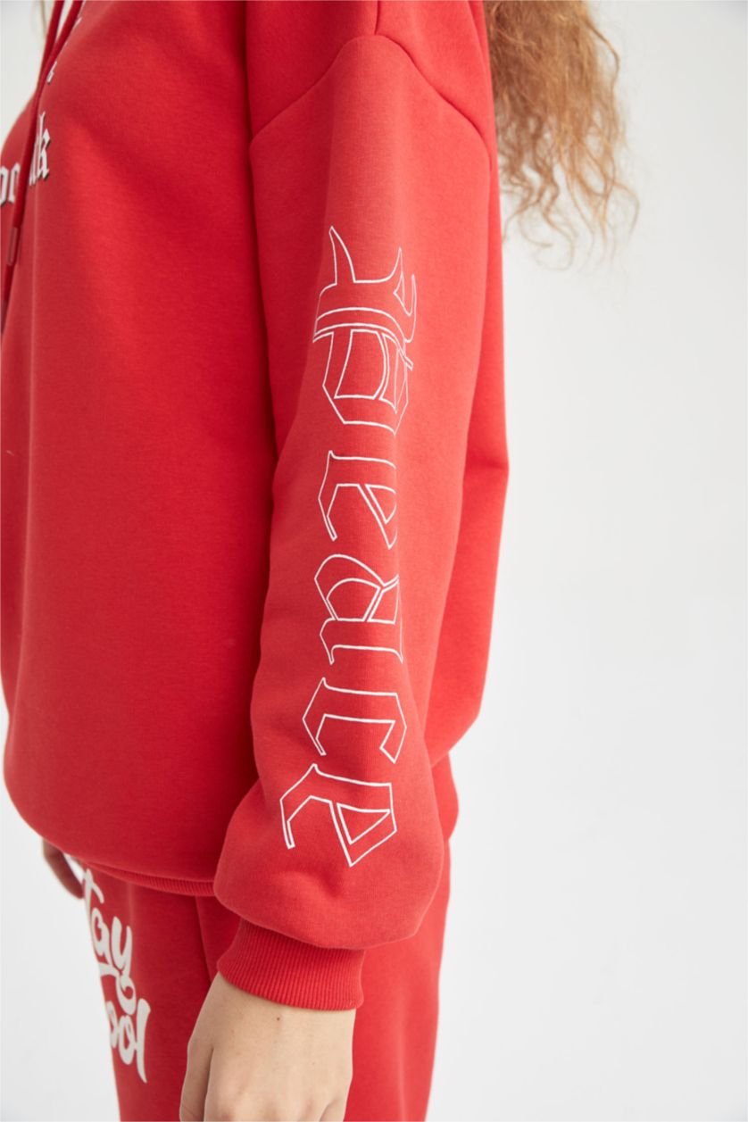 نساء أحمر سويت شيرت اوفر سايز  بغطاء للرأس