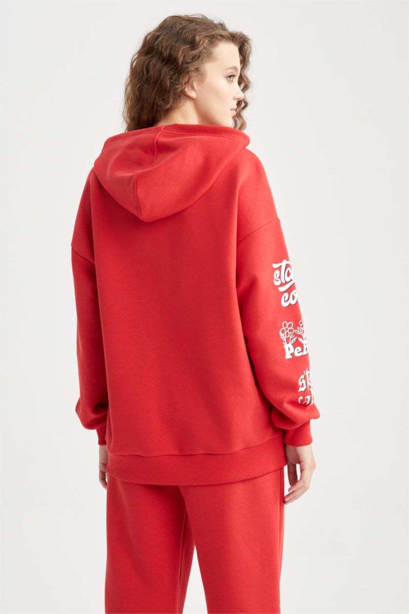 نساء أحمر سويت شيرت اوفر سايز  بغطاء للرأس