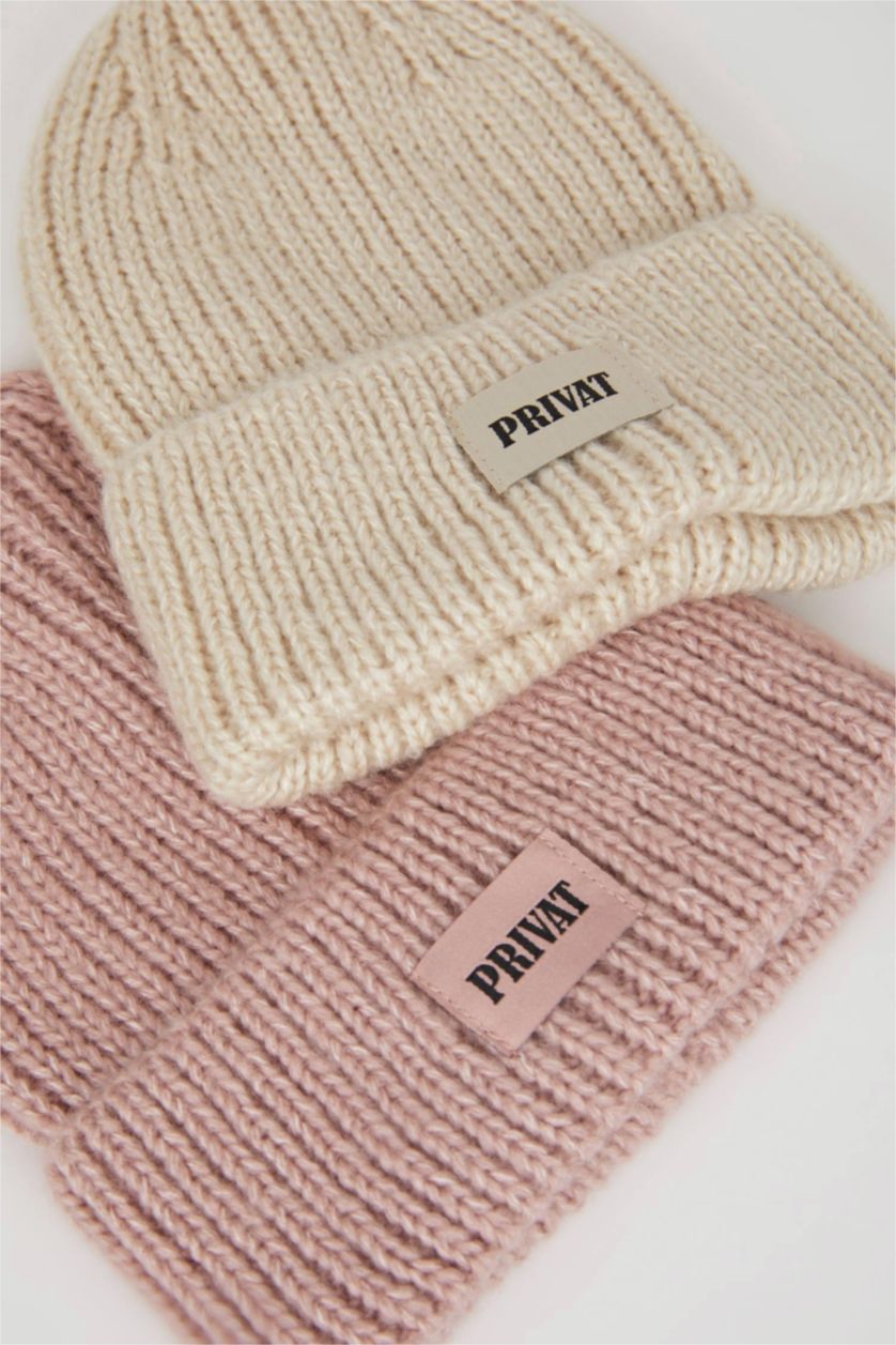 Kadın Koyu Pembe Kadın Dokuma Etiketli Kışlık 2'li Bere