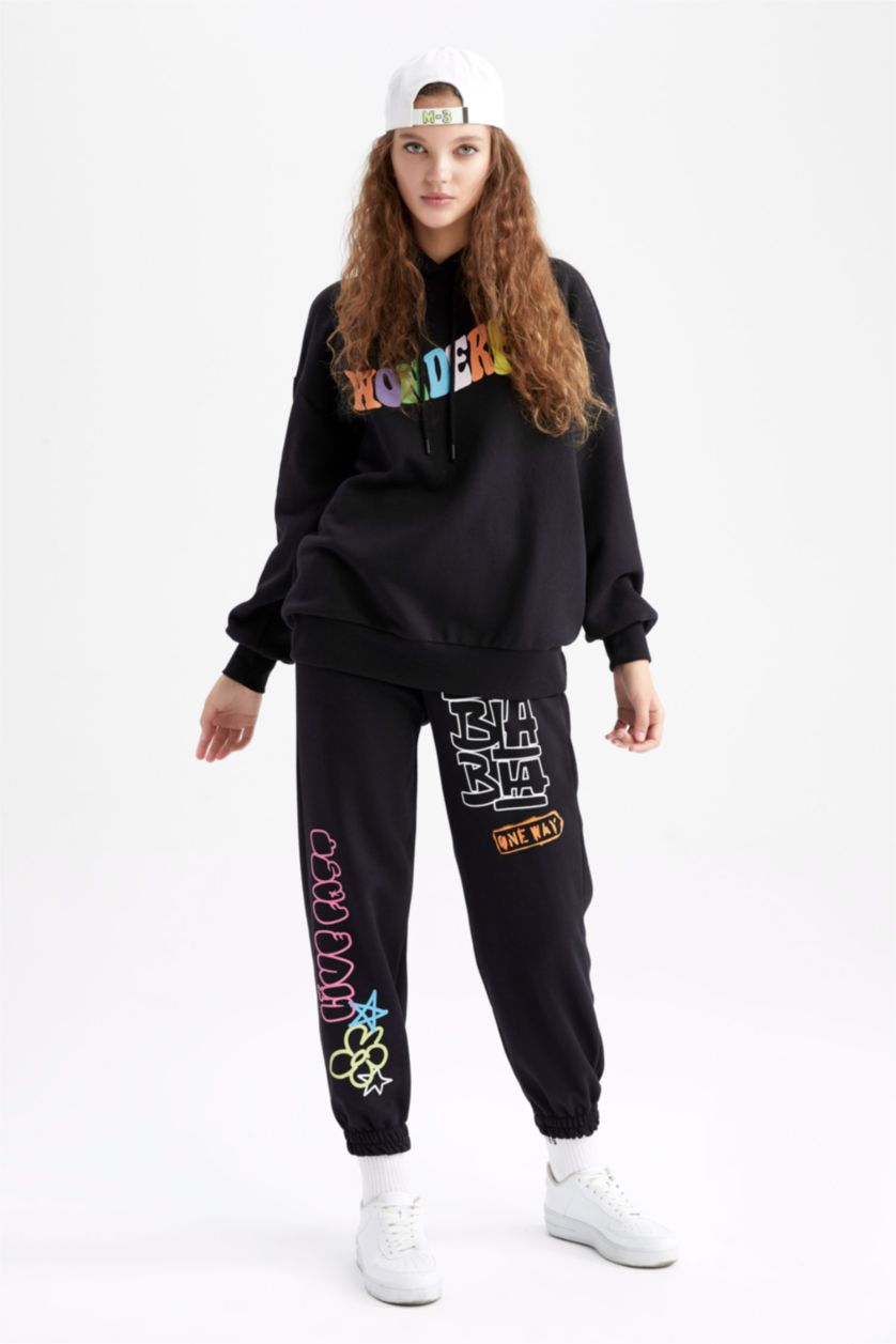 نساء أسود بنطلون سويت بانتس قصة فضاضة مطبوع