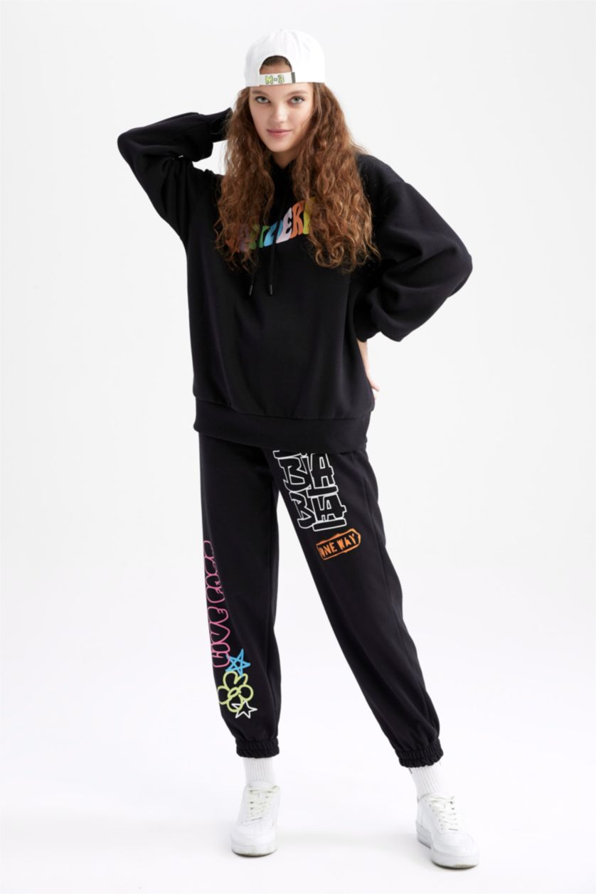 نساء أسود بنطلون سويت بانتس قصة فضاضة مطبوع