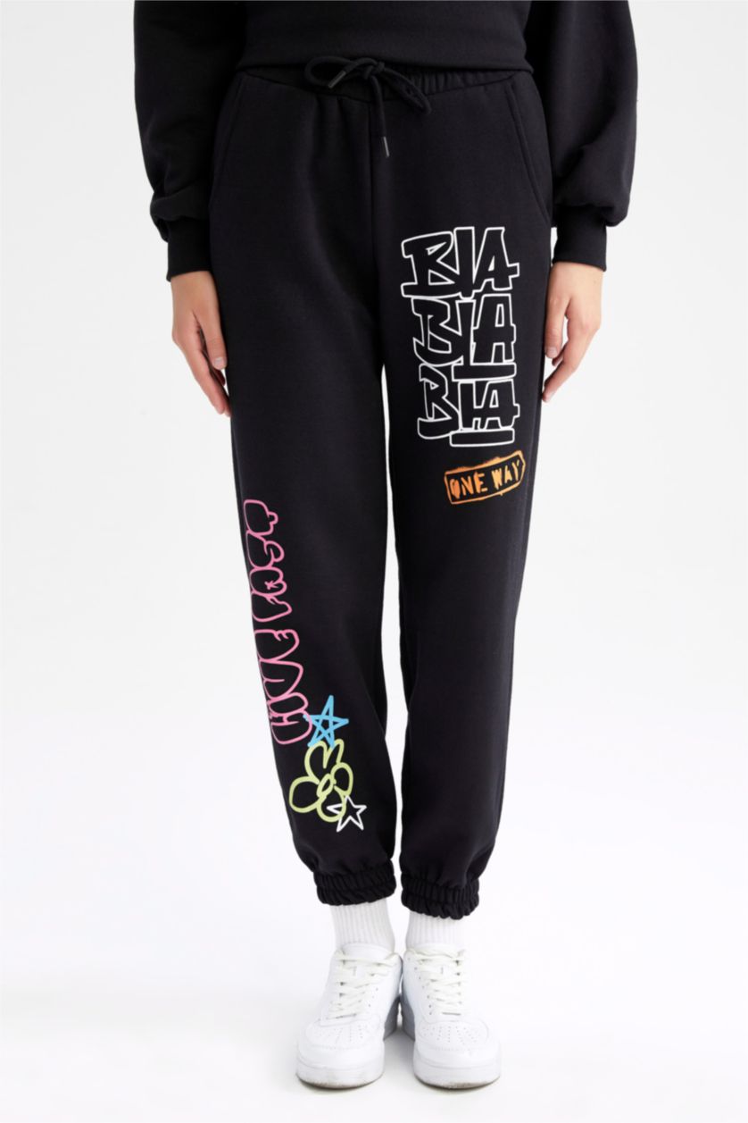 نساء أسود بنطلون سويت بانتس قصة فضاضة مطبوع