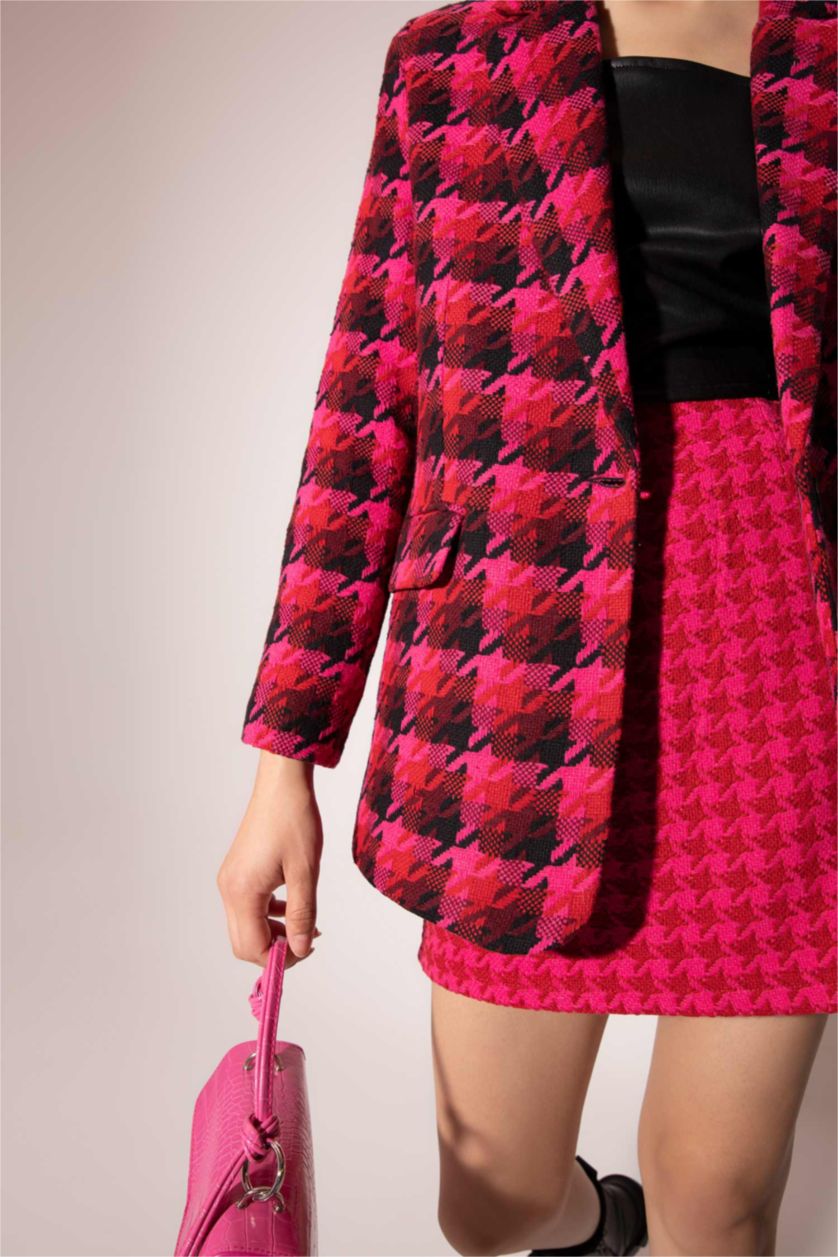 Kadın Fuşya A Kesim Kazayağı Desenli Tweed Mini Etek