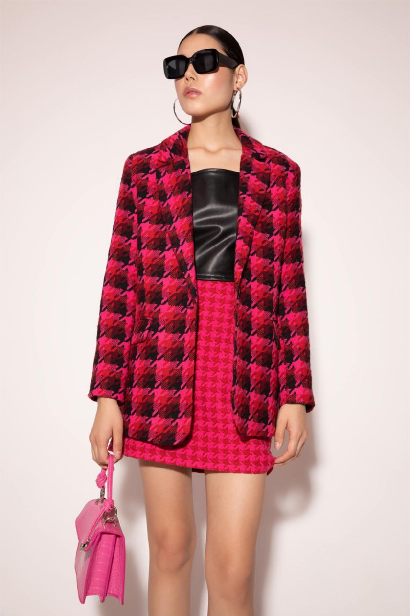 Kadın Fuşya A Kesim Kazayağı Desenli Tweed Mini Etek