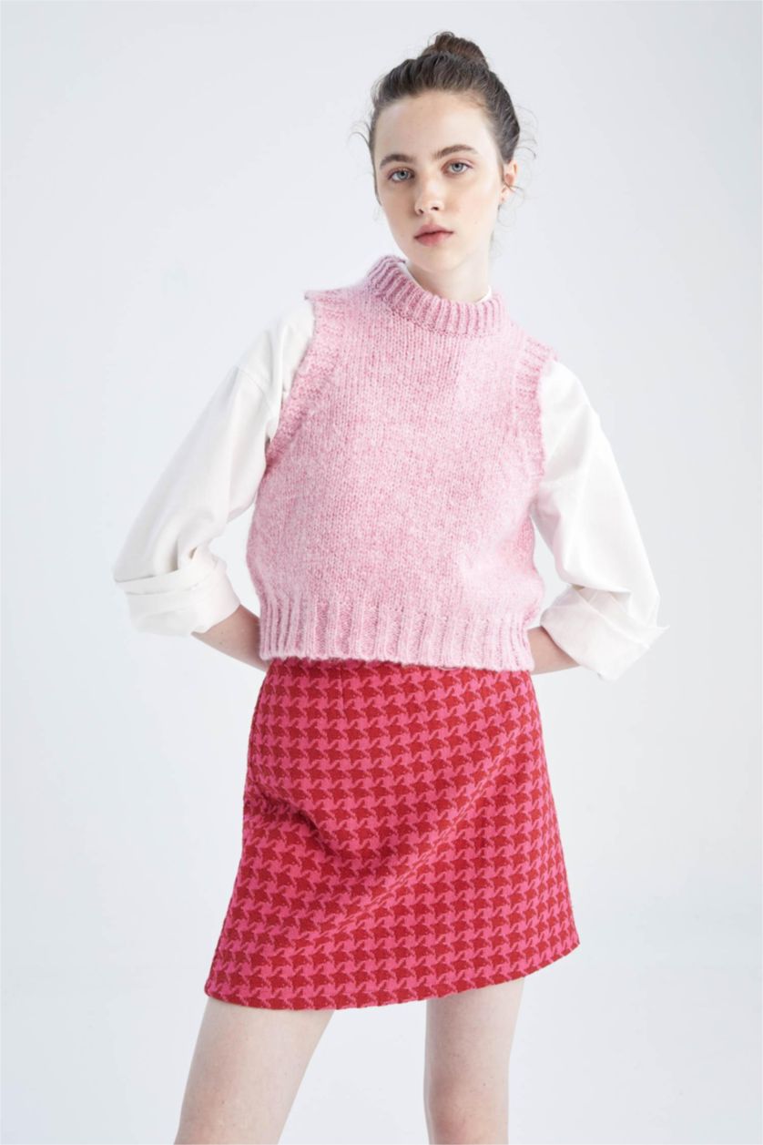 Kadın Fuşya A Kesim Kazayağı Desenli Tweed Mini Etek