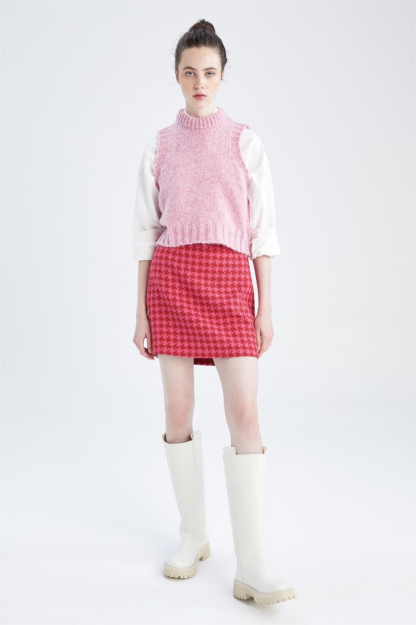 Kadın Fuşya A Kesim Kazayağı Desenli Tweed Mini Etek