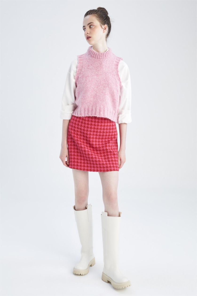 Kadın Fuşya A Kesim Kazayağı Desenli Tweed Mini Etek