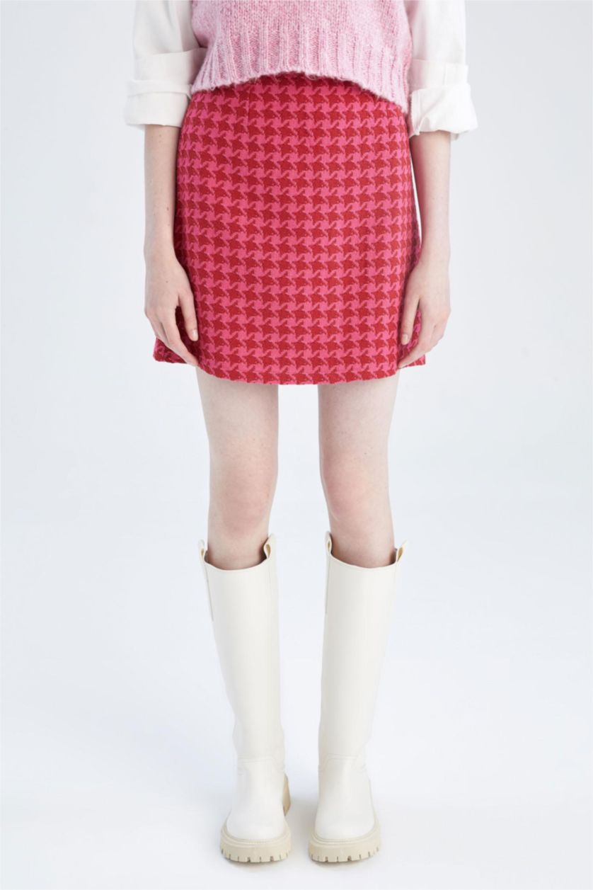 Kadın Fuşya A Kesim Kazayağı Desenli Tweed Mini Etek