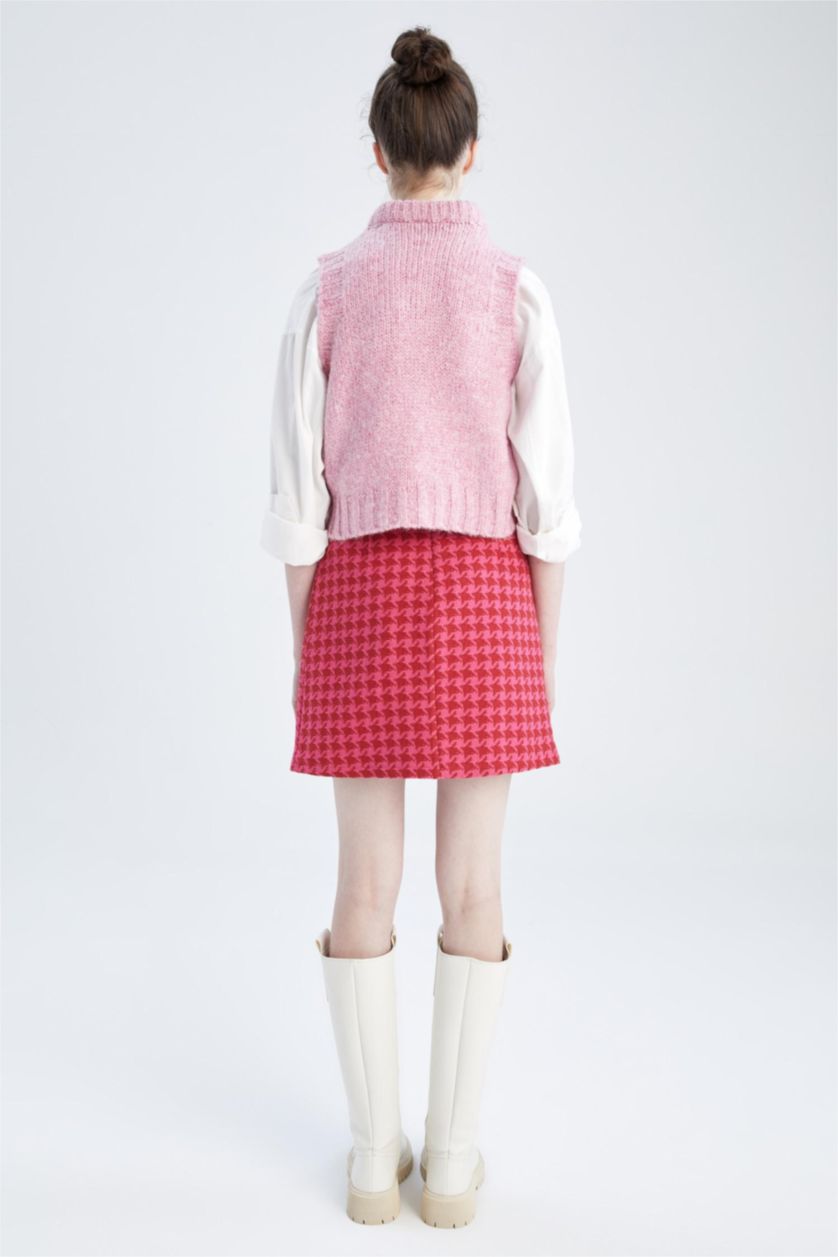 Kadın Fuşya A Kesim Kazayağı Desenli Tweed Mini Etek