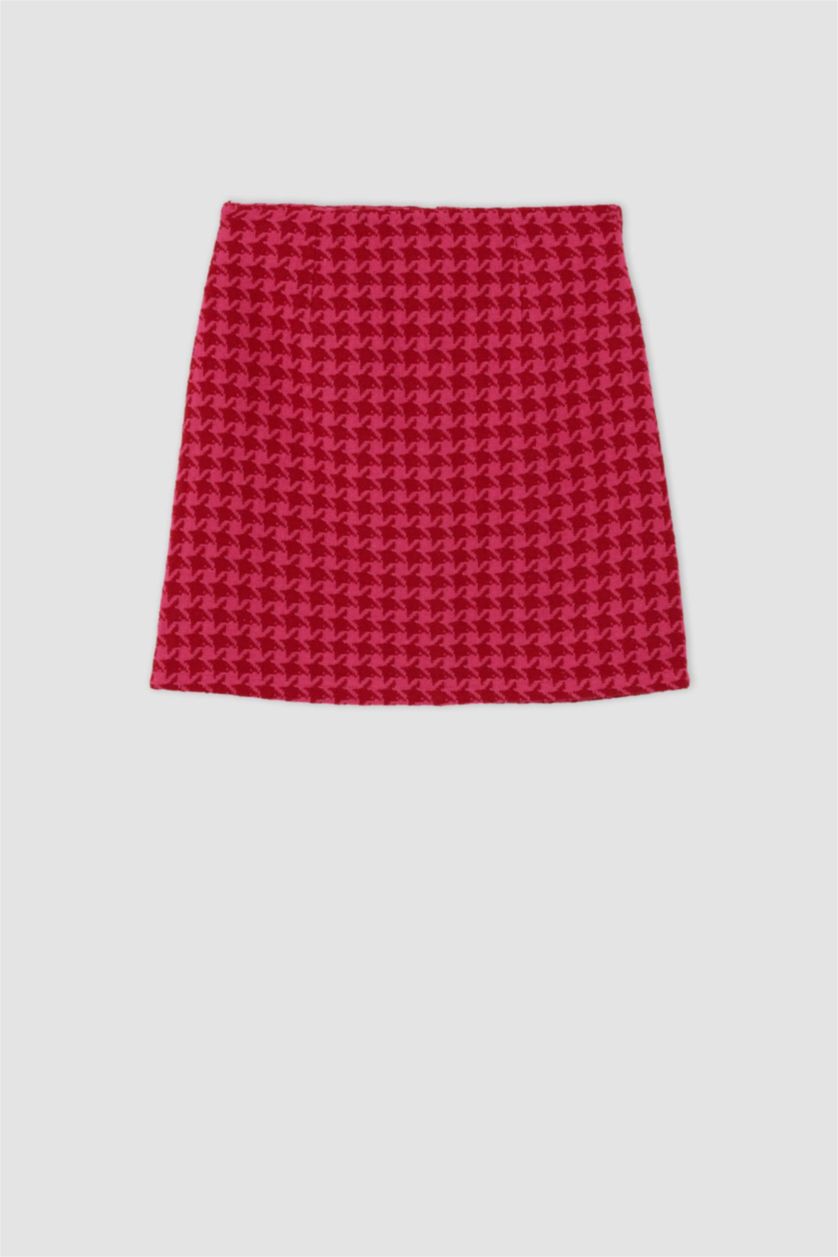 Kadın Fuşya A Kesim Kazayağı Desenli Tweed Mini Etek