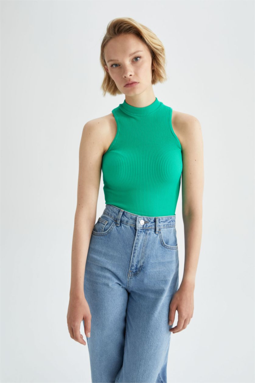WOMAN Green Slim Fit Camisole Half Turtleneck Tank Top