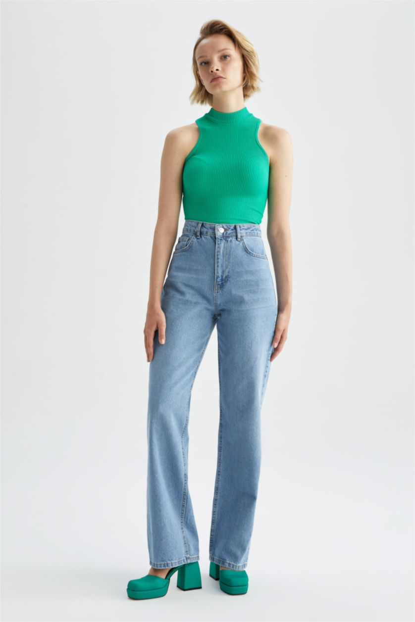 WOMAN Green Slim Fit Camisole Half Turtleneck Tank Top