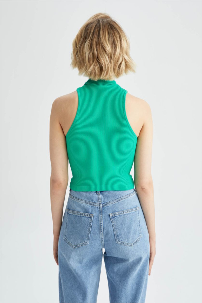 WOMAN Green Slim Fit Camisole Half Turtleneck Tank Top