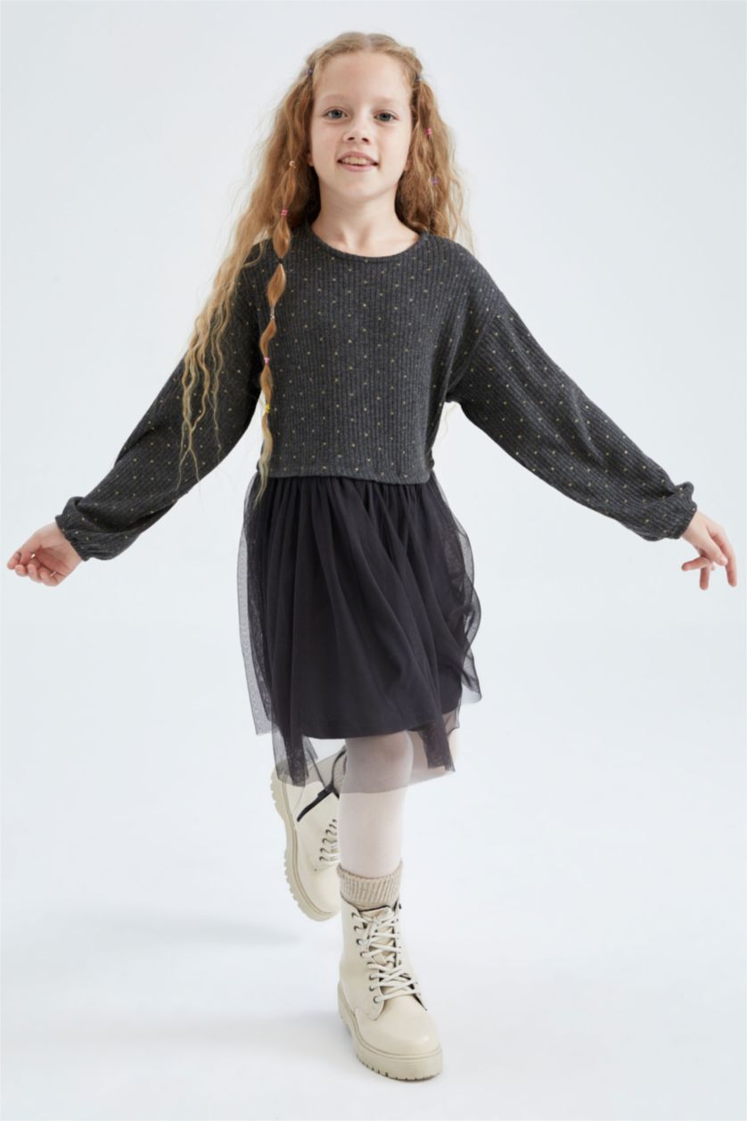 بنات رمادي داكن فستان بناتي تول كم طويل