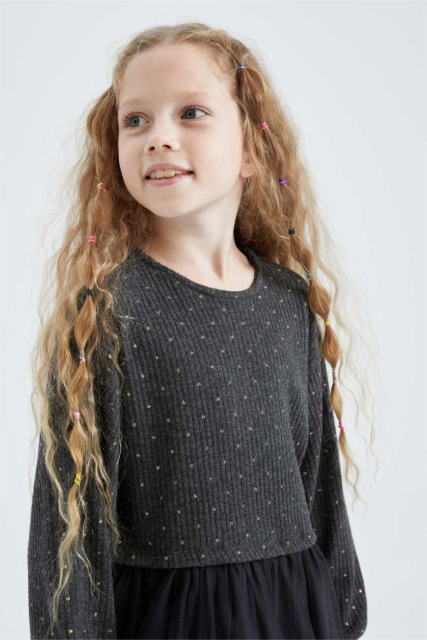 بنات رمادي داكن فستان بناتي تول كم طويل