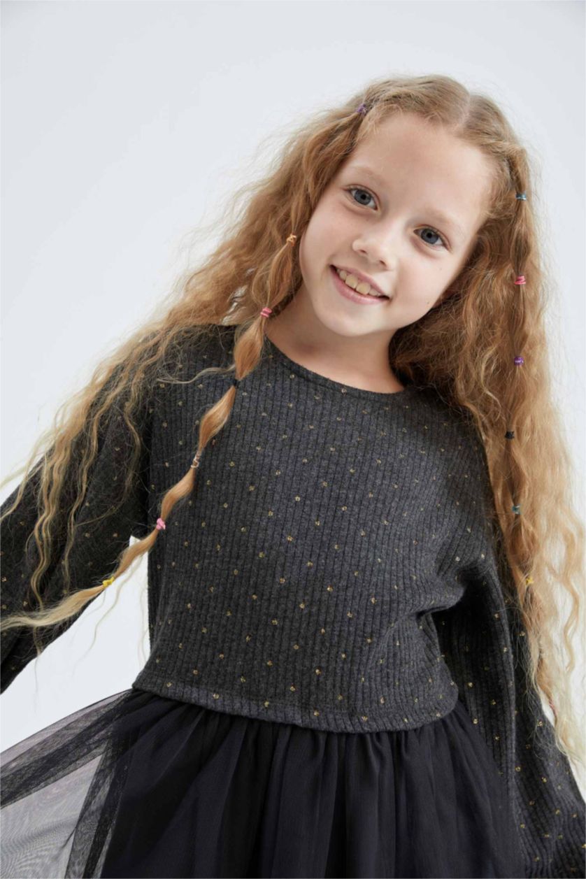 بنات رمادي داكن فستان بناتي تول كم طويل