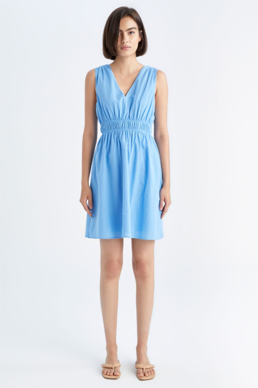 FEMME Bleu Mini Robe à Manches Courtes Col En V