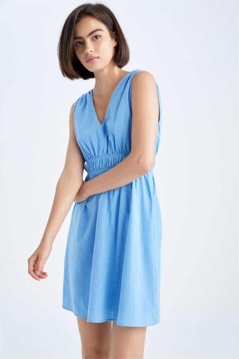 FEMME Bleu Mini Robe à Manches Courtes Col En V