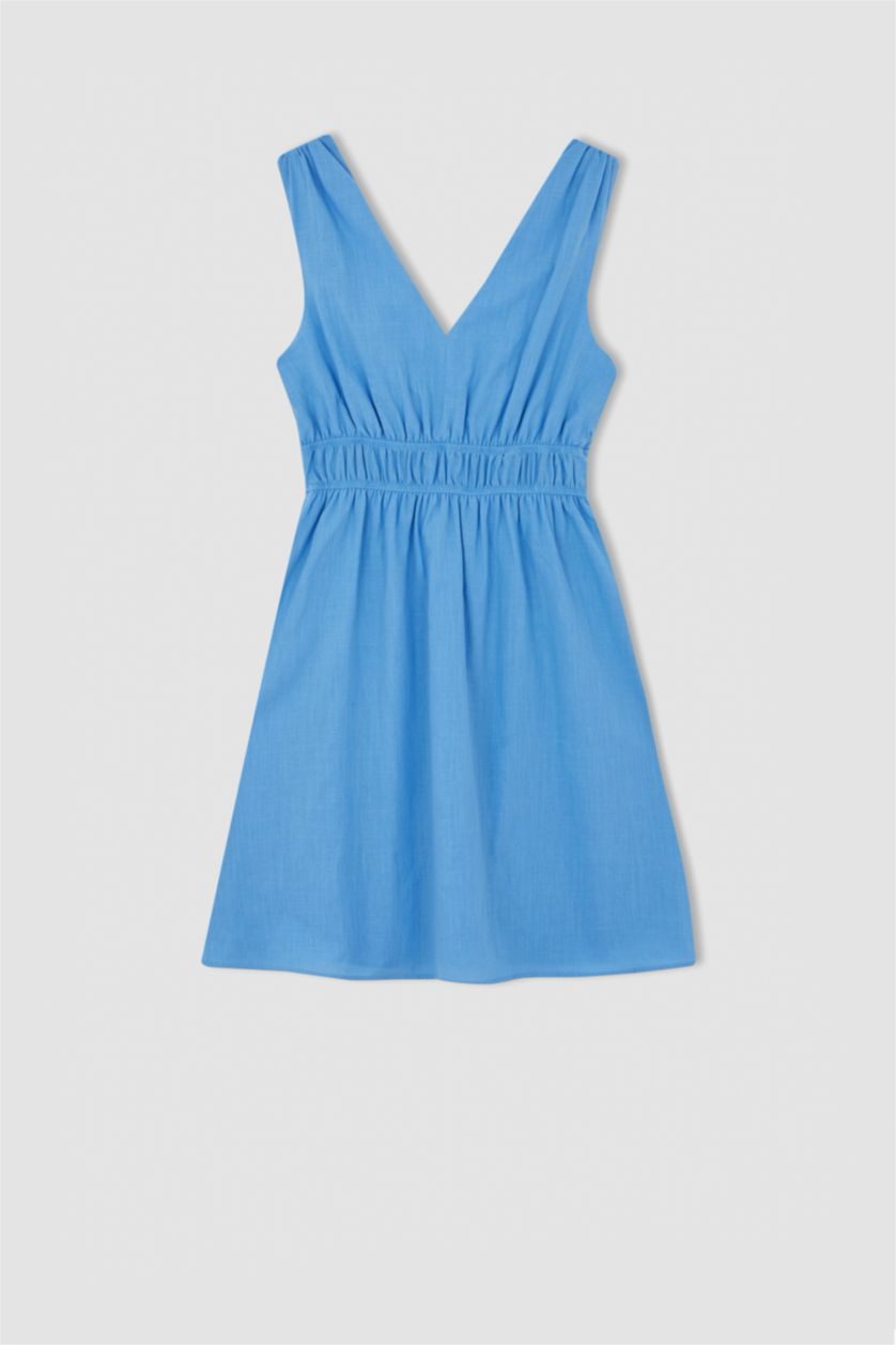 FEMME Bleu Mini Robe à Manches Courtes Col En V